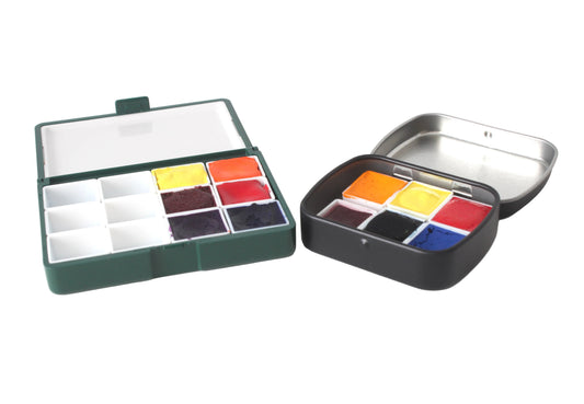Hand-Mulled Watercolour Set – 6 Half Pans in Travel Palette (Metal or Mini Plastic)