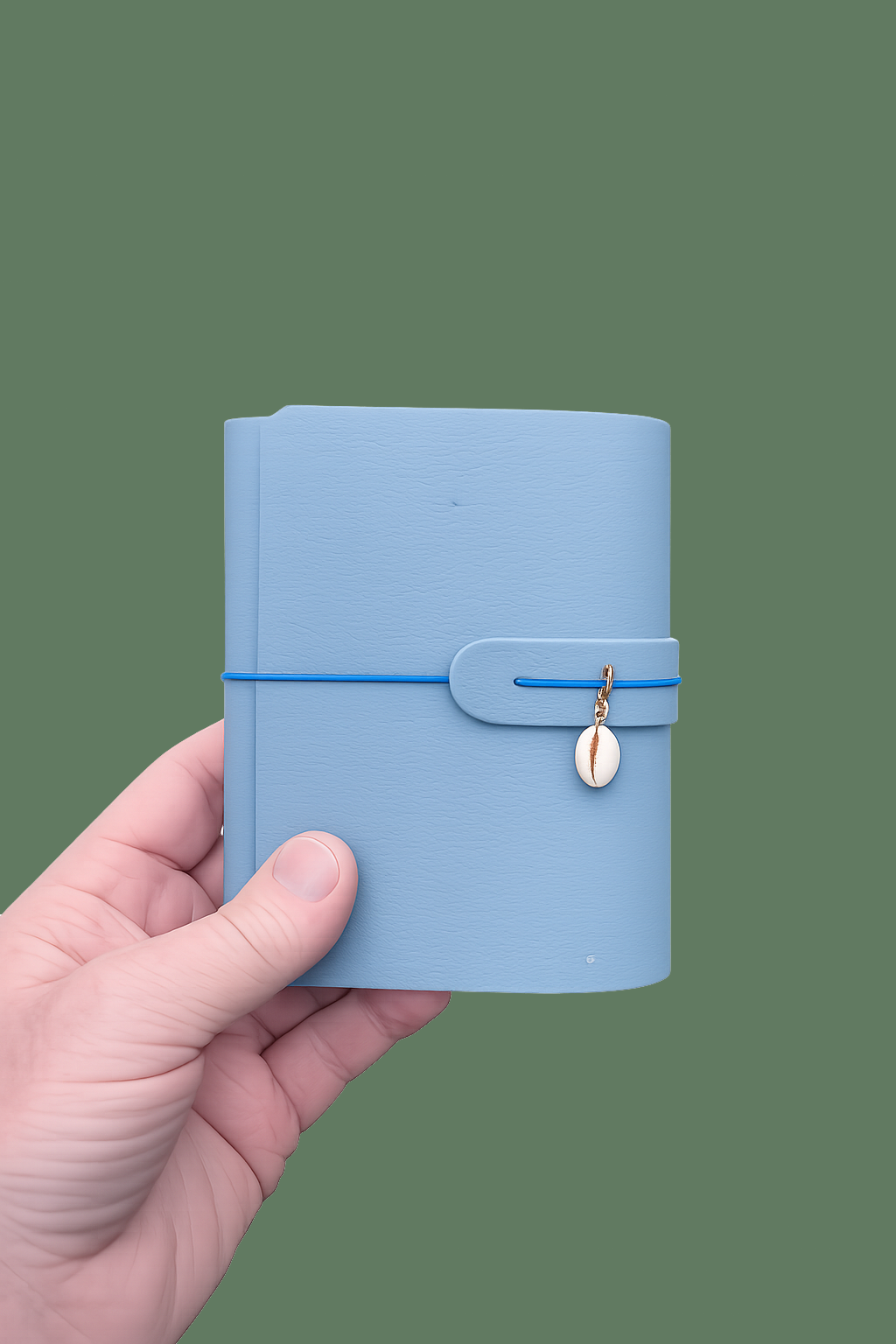 Light blue notebook held in a hand against a green background