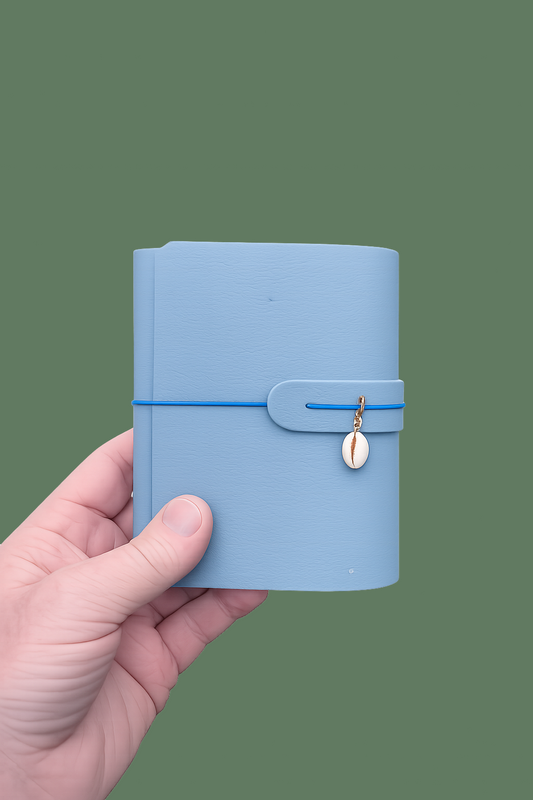 Light blue notebook held in a hand against a green background