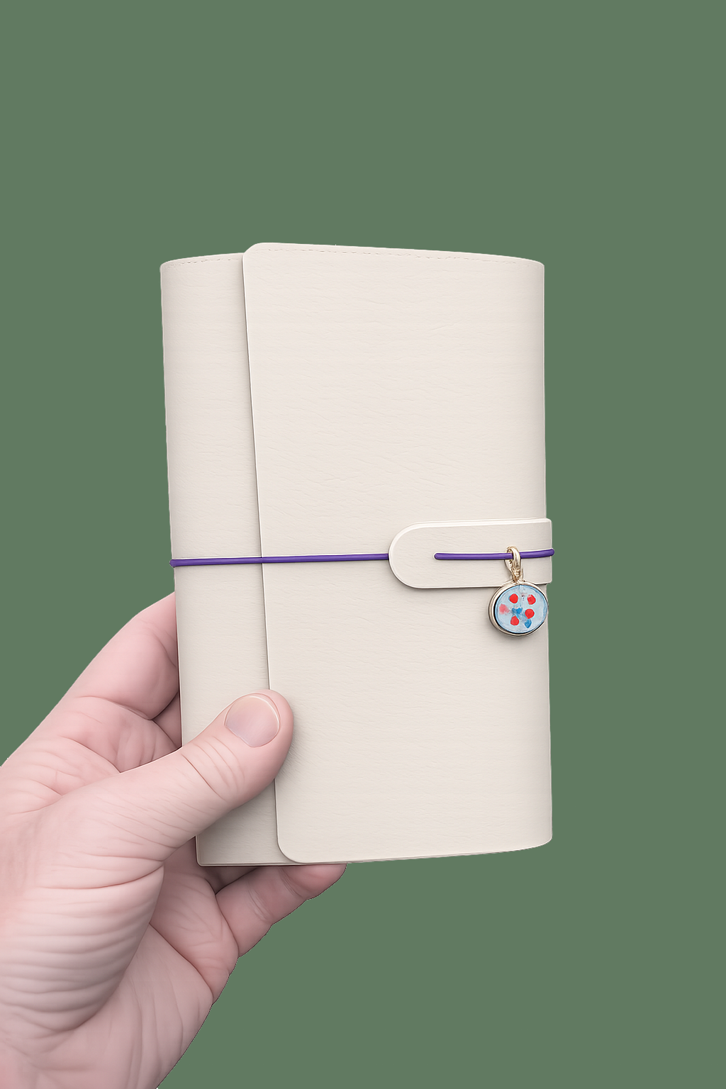 Hand holding a beige notebook with a purple strap and decorative charm on a green background