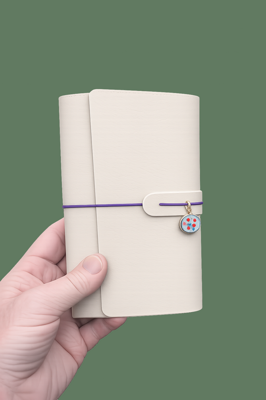 Hand holding a beige notebook with a purple strap and decorative charm on a green background