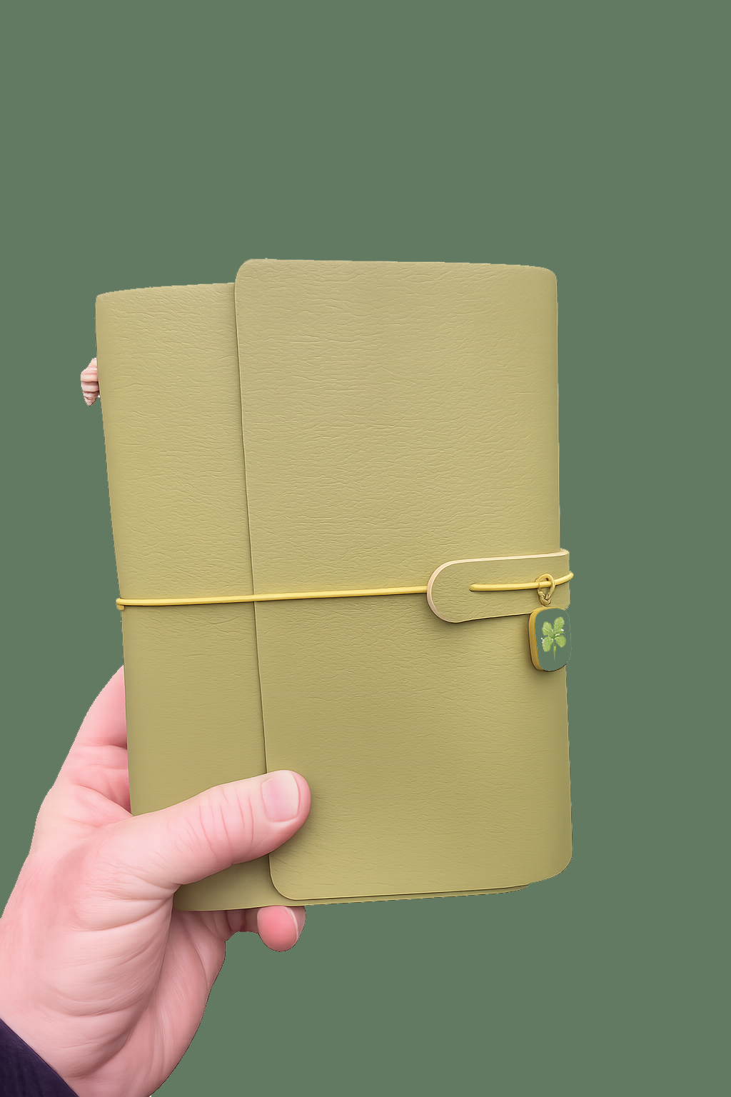 Hand holding a green leather notebook with a gold strap on a transparent background