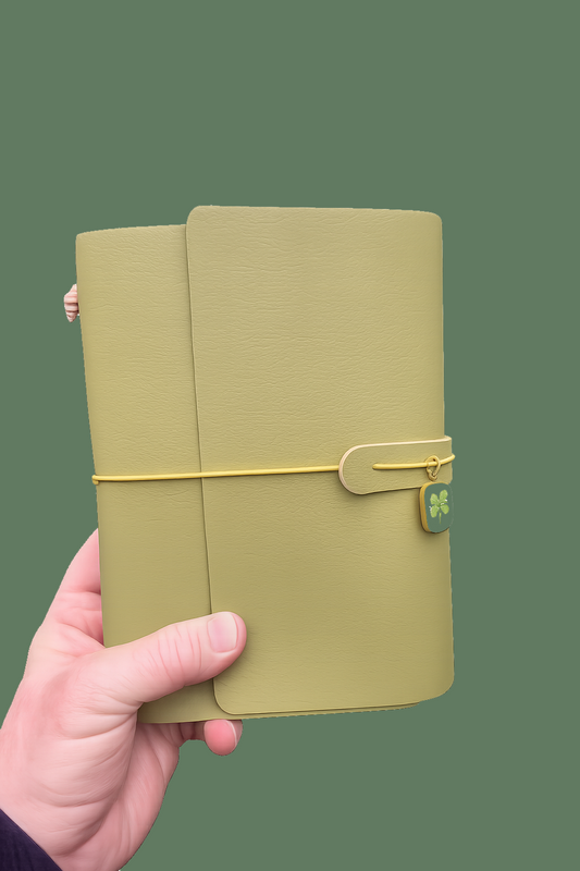 Hand holding a green leather notebook with a gold strap on a transparent background