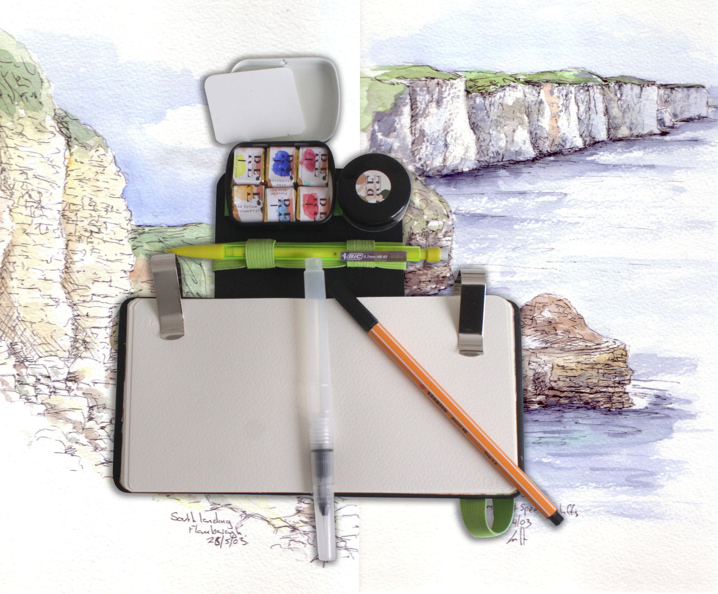 6x4 insJustGoSketching kit | 40 page appx 4x6ins (150x110mm) sketchbook | Handcrafted | 6 half pans | | Optional case